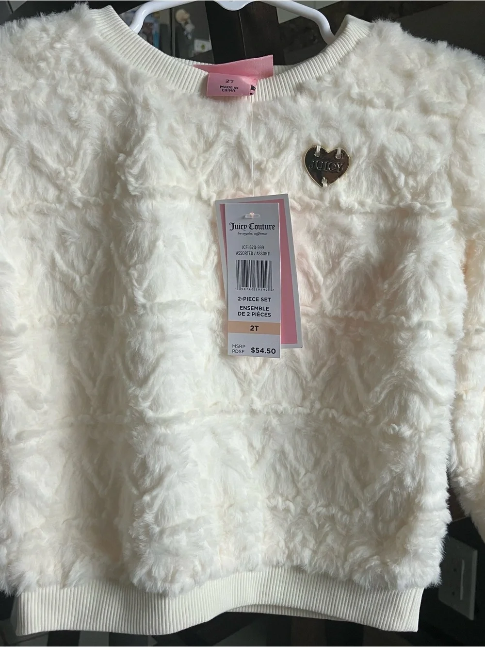 Juicy Couture Cream Fuzzy Heart Sweatshirt with Wine Ribbed Pants